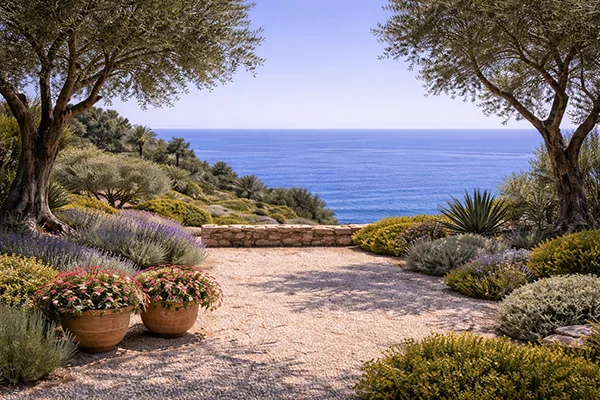 jardin provençal qui surplombe la mer apportant une grande valeur à cette propriété du var