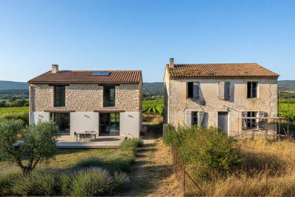 photo de deux maisons identiques cote a cote l'une est rénové l'autre nécessite des travaux