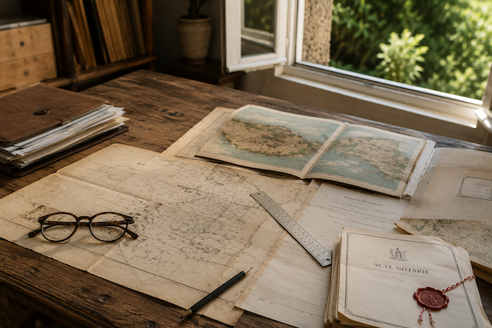 plan cadastral de la capte posé sur une table en bois