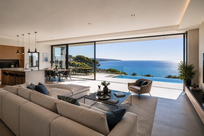 Maison avec vue mer dans le Var : quels critères augmentent réellement sa valeur ? Maison contemporaine rénovée avec de grandes baies vitrées offrant une vue panoramique sur la mer, illustration d'un bien en excellent état dans le Var.