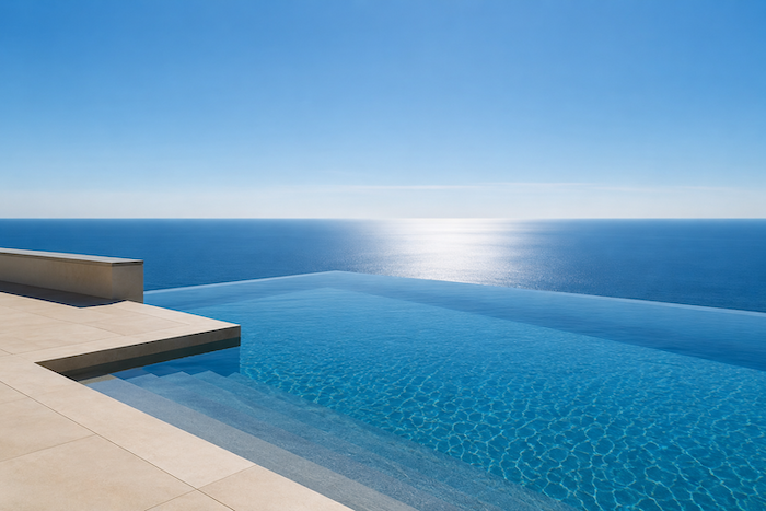 Maison avec vue mer dans le Var : quels critères augmentent réellement sa valeur ? exte alt : "Piscine à débordement offrant une vue panoramique sur la mer Méditerranée dans le Var.
