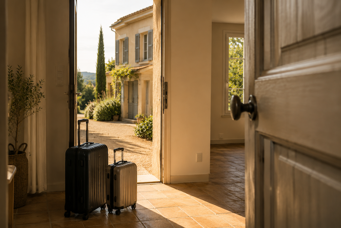 Divorce et vente urgente : comment céder son bien dans le Var sans brader ? maison vide avec des valises devant la porte d'entrée